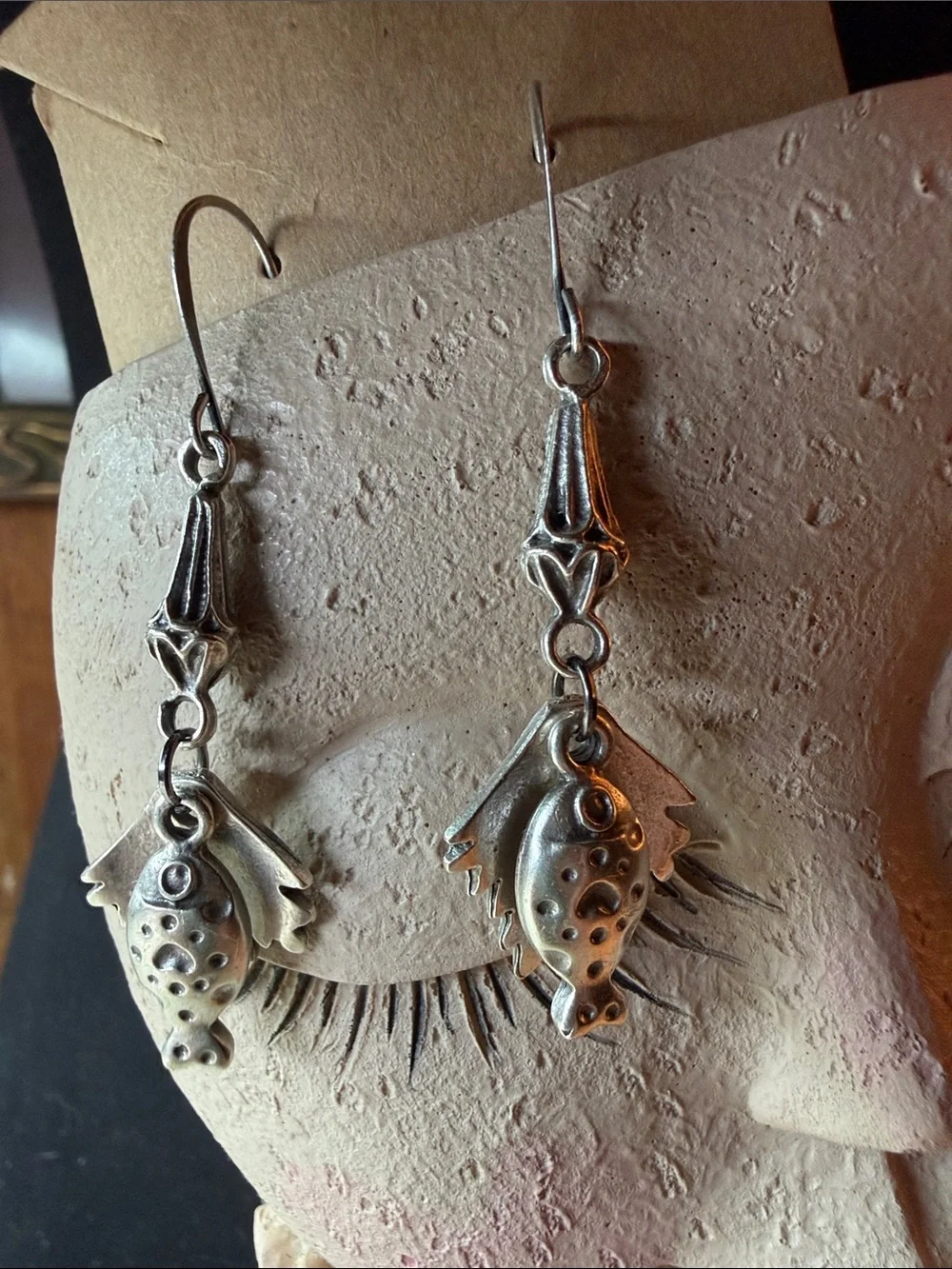 Artisan Silver Fish Dangle Earrings - Textured Metal